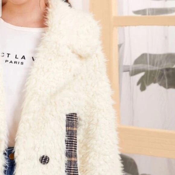 Beige Houndstooth Panel Teddy Coat - Picture 3 of 4